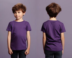 Front and back views of a little boy wearing a purple T-shirt