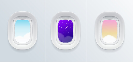 Realistic Detailed 3d Airplane Window with Different Views Set. Vector illustration of Porthole with Day, Night and Morning View