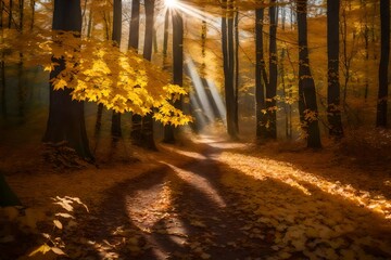Yellow leaves and sunbeams in the background of an autumn forest path. superior photograph  Generative AI