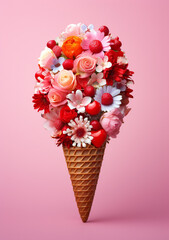 Cornet Ice Cream in Red and Pink Shades: Set Against a Pink Background—A Sweet Treat for Pop Art and Dessert Lovers.  Pink Background: Celebration of Love and Nature