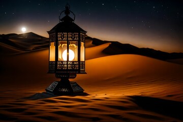 Nighttime desert with a lantern. Background of Ramadan Kareem. superior photograph Generative AI
