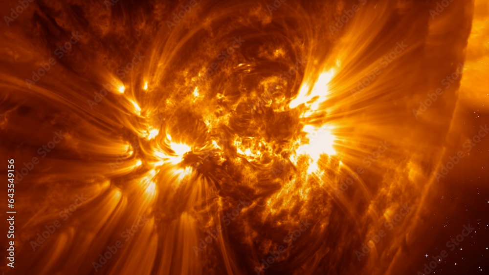 Poster our star with magnetic storms. plasma flash on the surface of a our star 