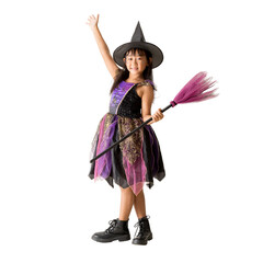 Cute asian girl Wear witch clothes with a broom Halloween concept, Standing posing full body...