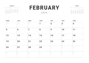 Monthly page Calendar Planner Templates of February 2024. Vector layout of simple calendar with week start Monday for print. Page for size A4 or 21x29.7 cm