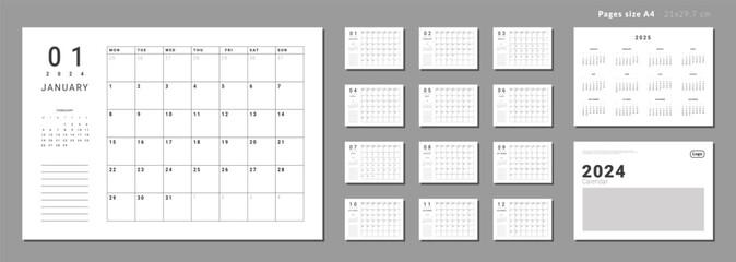 Set of Monthly pages Calendar Planner Templates 2024-2025 with note for wall or desk with Cover and place for Photo, Logo. Vector layout of calendar with week start Monday. Pages for size A4