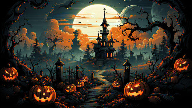 gruseliges Happy Halloween Titelbild mit leuchtenden Kürbissen, Wald und Anwesen bei Nacht. Querformat. Generative Ai.