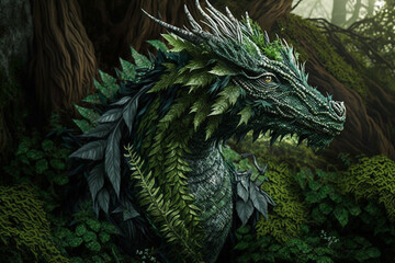Ancient forest dragon covered with green plants generative ai - obrazy, fototapety, plakaty