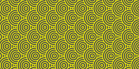 Seamless geometric ocean spiral pattern and abstract circle wave lines. yellow seamless tile stripe geomatics overloping create retro square line backdrop pattern background. Overlapping Pattern.