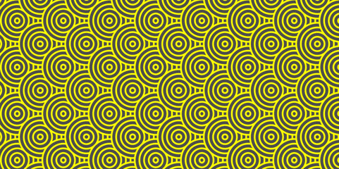Naklejka premium Seamless geometric ocean spiral pattern and abstract circle wave lines. yellow seamless tile stripe geomatics overloping create retro square line backdrop pattern background. Overlapping Pattern.
