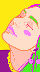 Bright multicolored illustration in the style of pop-art depicting a portrait of a girl with her eyes closed