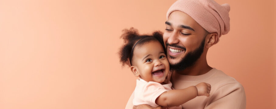 Joyful multicultural dad and baby share a moment. Generative AI
