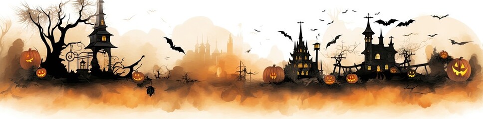 Fototapeta na wymiar Halloween landscape on a white background. Castles, fog and bats flying. Generative AI
