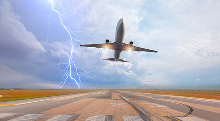 A passenger plane taking off in difficult conditions and in a lightning storm
