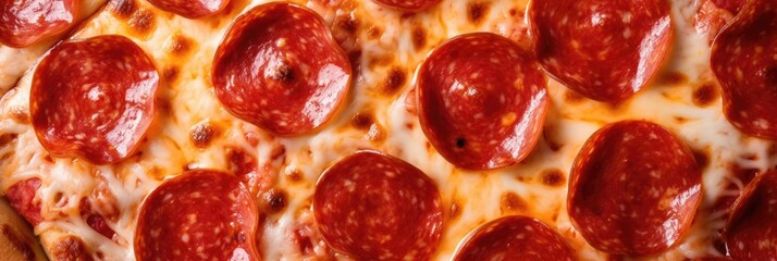 Pepperoni pizza with salami sausage and melted cheese. Food background or texture panorama.