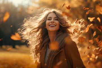Portrait of a beautiful happy modern girl in autumn park scenery with leaves 