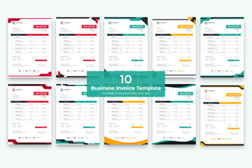 Unique abstract style business invoice Bundle. 10 Creative Invoice Template Paper Sheet Include Accounting, Price, Tax, and Quantity. With color variation Vector illustration of Finance