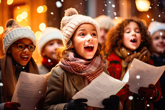 Group of children singing Christmas carols in the street on Christmas Eve
