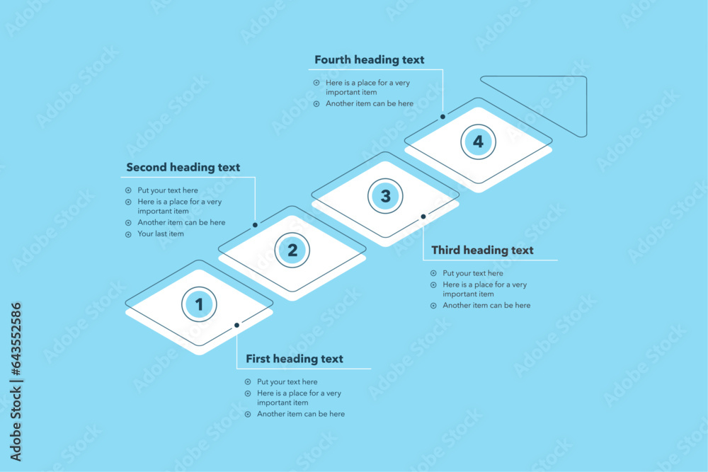 Aufkleber Rectangular process infographic template with four steps - blue version. SImple chart design for workflow layout, diagram, banner, web design.
