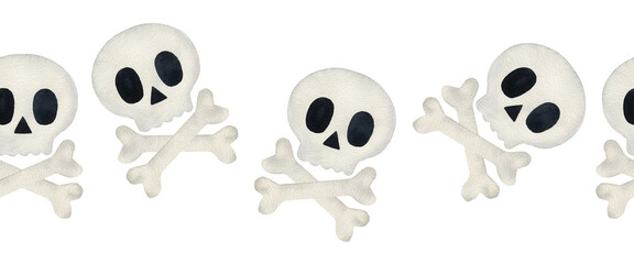 Watercolor seamless border with scull on white background. Happy halloween