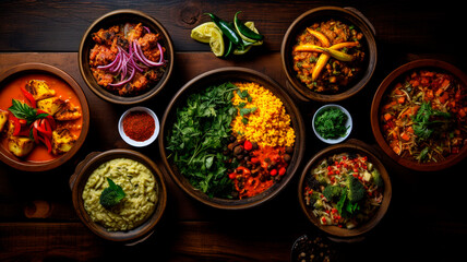 set of different dishes on black background