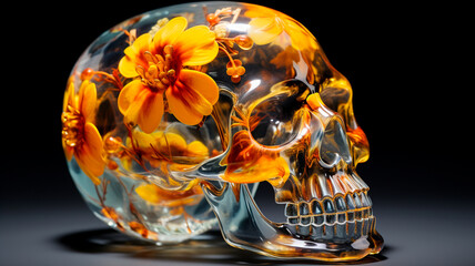 human skull and flowers on black background
