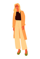 Woman in Outfit of Modern Trendy Style. Fashionable Girl Standing. Vector Flat Illustration.