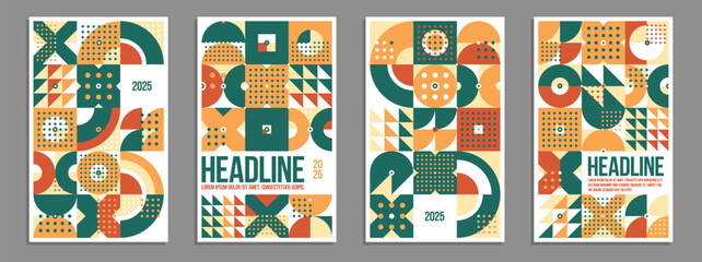 Geometric vector posters and covers in Bauhaus style, layout for advertisement sheet, brochure or book cover, tiling mosaic pattern in traditional ceramic colors.