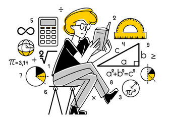 Mathematician working on some theoretical mathematics vector outline illustration, studying math in university, student learning or teacher explaining. - obrazy, fototapety, plakaty