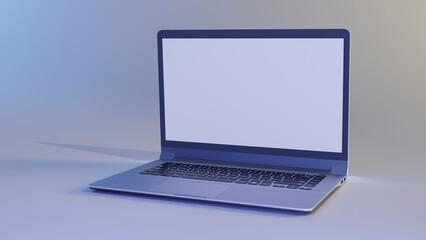 3d illustration of realistic laptop against gradient background. Minimal concept. 3d illustration highly usable. Technology design. 3d computer. White blank screen.