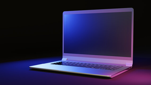 3D rendering illustration. Colorful laptop computer with gradient blue and pink background. Image for presentation. Copy space. Mock up. Technology design.