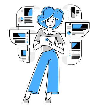 woman holding tablet surrounded by documents clip art preview
