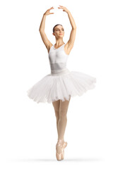 Fototapeta na wymiar Full length profile shot of a ballerina in a white dress dancing with arms up