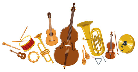 Classical music instruments composition vector flat style illustration isolated on white, classic orchestra acoustic sound, concert or festival live sound. © Sylverarts