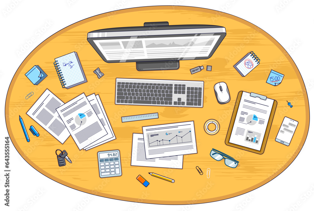 Poster office employee or entrepreneur work desk workplace with pc computer and analytics papers with graph