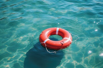 Red lifebuoy ring on blue water with glare of sun, safety equipment. Surface texture of sea or ocean.