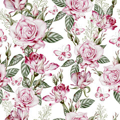 Watercolor seamless pattern with roses and butterfly.