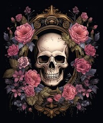 Sugar skull adorned with vibrant flowers. Catrina Calavera. Day of the Dead. Generative AI