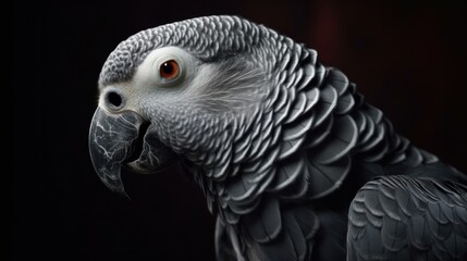 Portrait of a gray parrot on a dark background, close-up