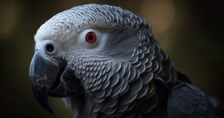 Portrait of a gray parrot with red eyes close-up