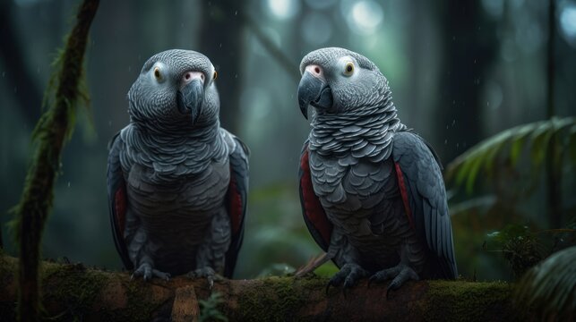 African Grey Parrots (Psittacus erithacus) in rain forest