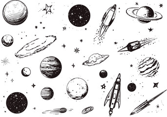 Space sketch grunge elements. Various abstract planets, comets, spaceships. Hand drawn universe adventures dirty vector clipart