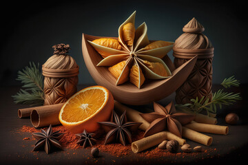 Star Anise, Cinnamon And Orange Fruit, Seasoning Arrangement - Generative AI