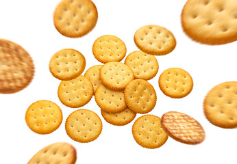 Falling round cheese crackers isolated on white background, top view
