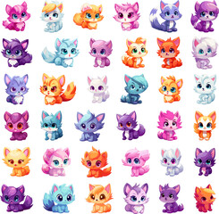 Obraz premium Cute fluffy kittens in soft anime style. Little manga cats on white background, cutie happy japanese lovely kitty characters, kawaii pussy mascots isolated vector set