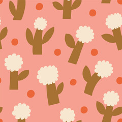 Cute floral pattern in retro style. Seamless vector texture with simple bold flowers. Cut out flowers and dots background