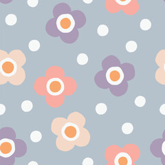 Cute Floral pattern with dots. Vector seamless texture with simple flowers. Bold floral texture in retro style.