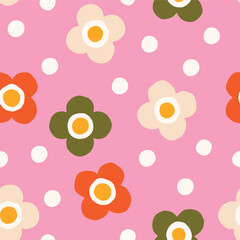 Cute Floral pattern with dots. Vector seamless texture with simple flowers. Bold floral texture in retro style.