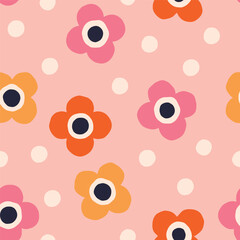 Cute Floral pattern with dots. Vector seamless texture with simple flowers. Bold floral texture in retro style.