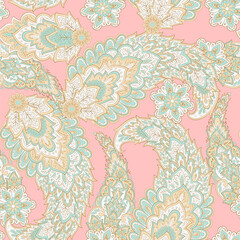 Fototapeta na wymiar Floral fabric background with paisley ornament. Seamless illustration pattern