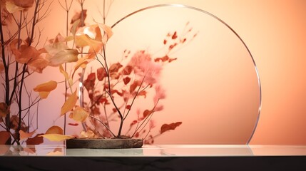Empty glass exhibition stand, platform, showcase for products. Podium, platform for cosmetics, advertising, business. Autumn natural background with branches, flowers and leaves. AI Generated